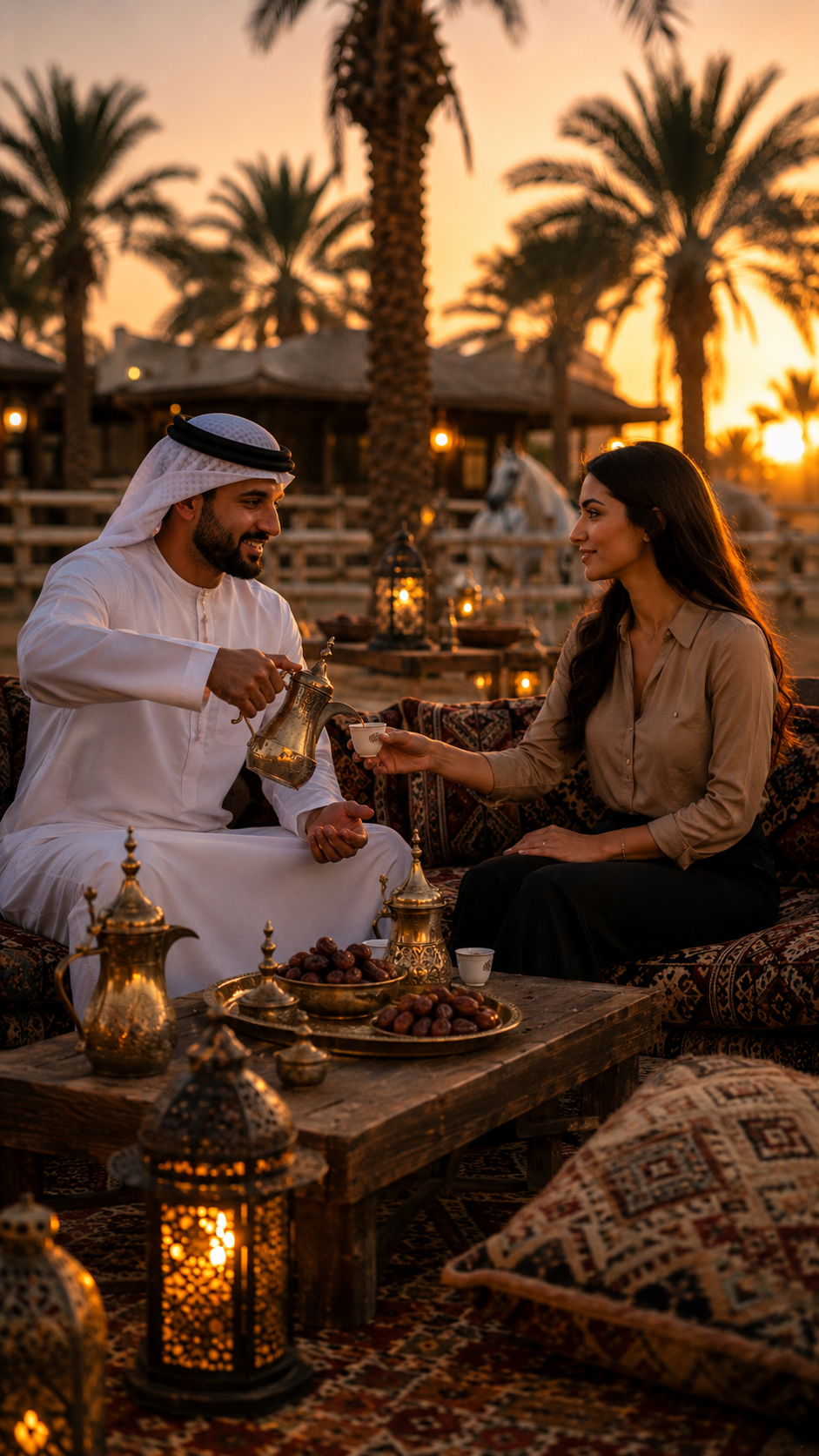 Arabischer Majlis mit Kaffee bei Sonnenuntergang