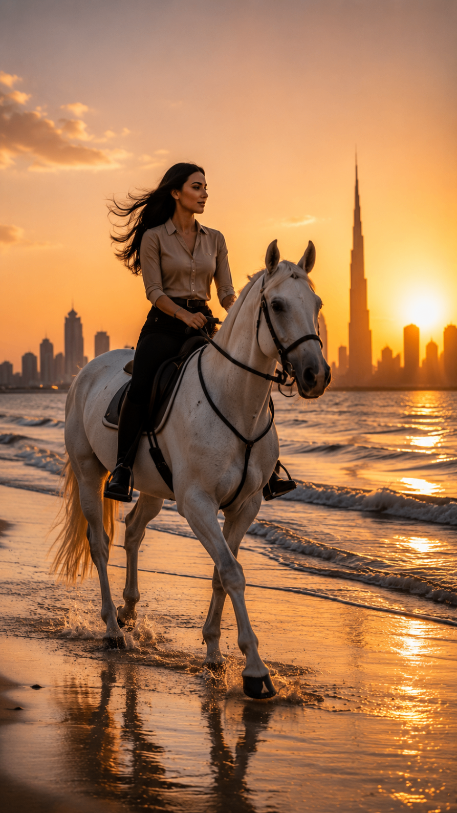 Reiterin auf einem weißen Pferd am Strand vor der Skyline von Dubai